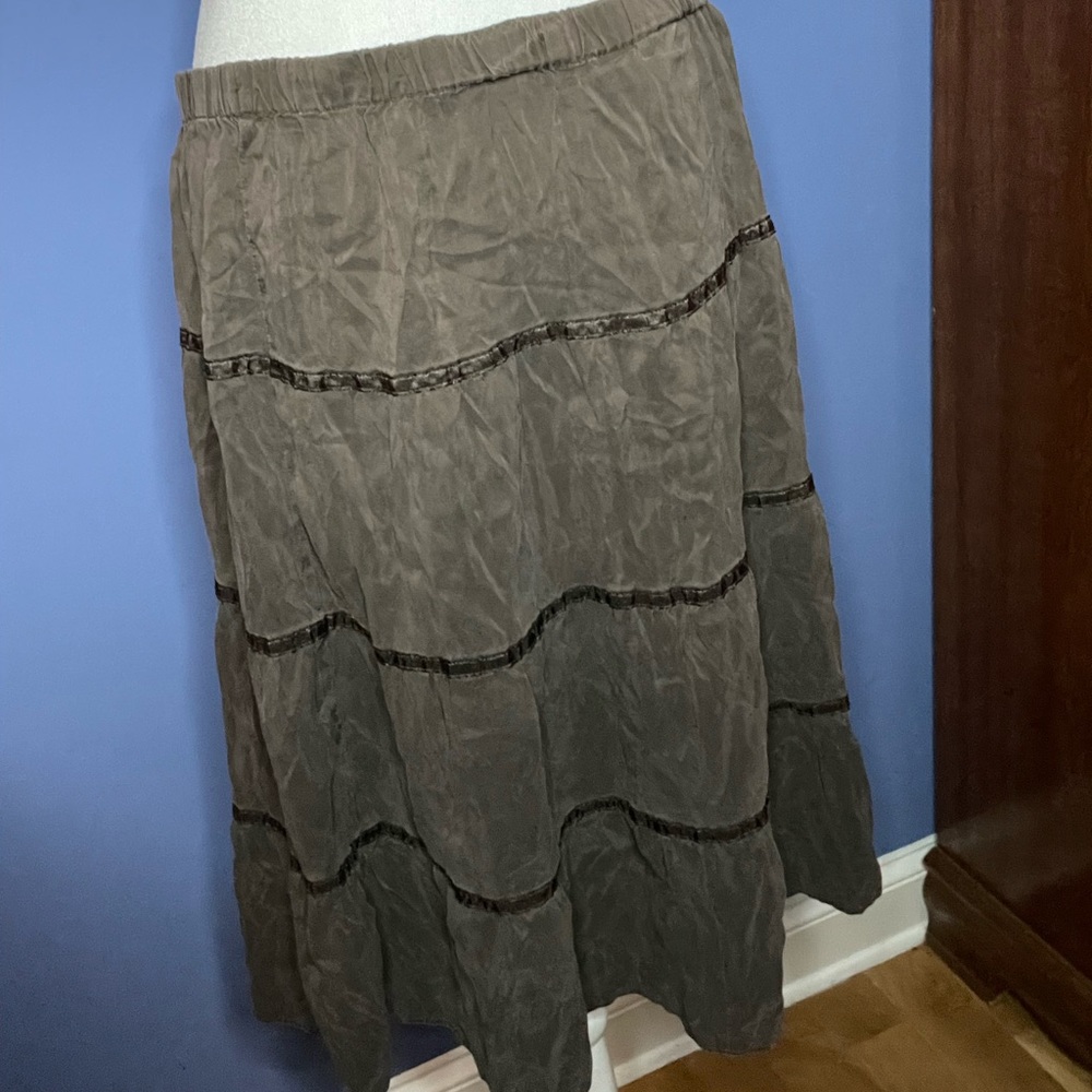 Vtg Mossimo Brown Silk Tiered Peasant Skirt